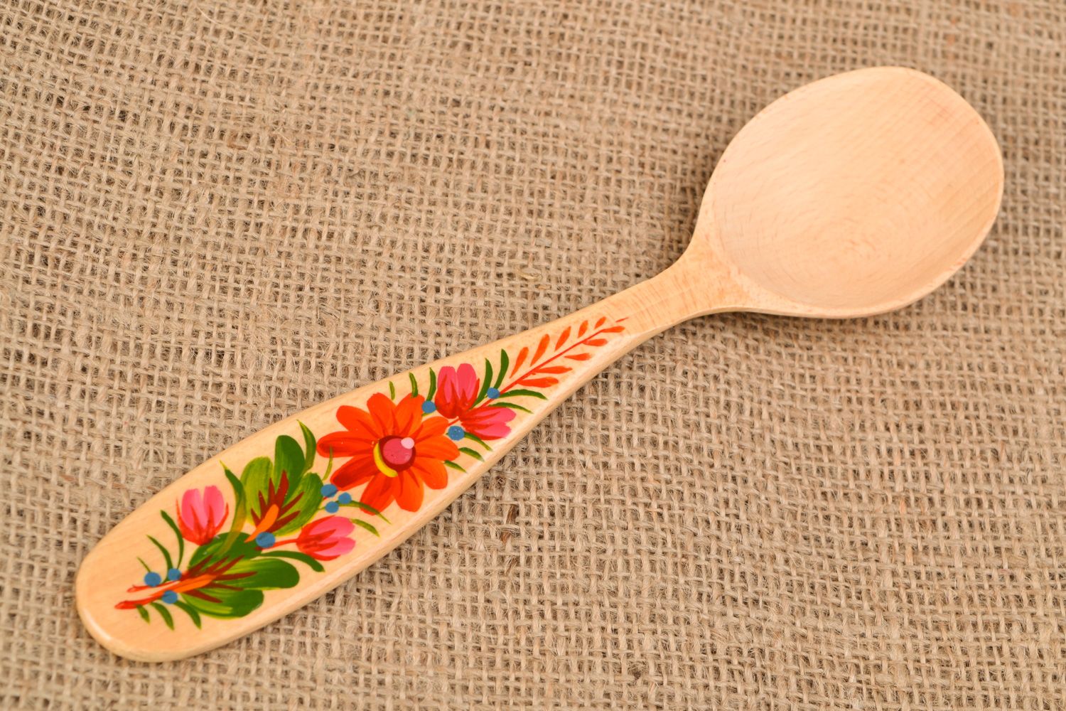 Handmade decorative wood carved spoon painted with oils in Petrikivka style photo 1