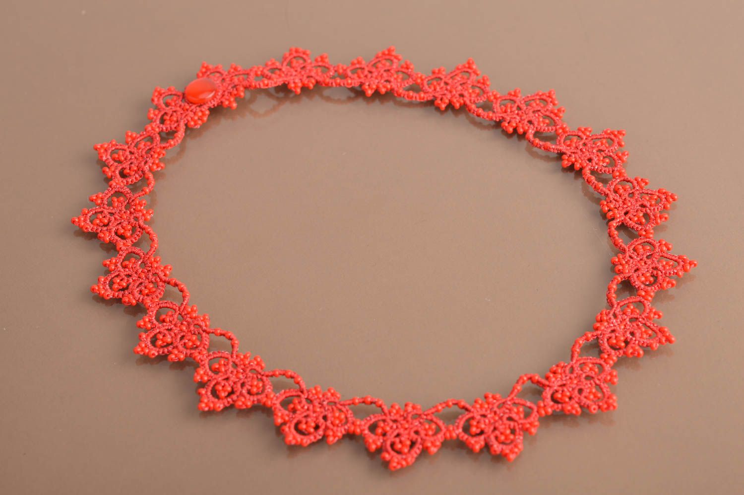 Beautiful handmade designer tatting lace necklace with beads Red for girls photo 2