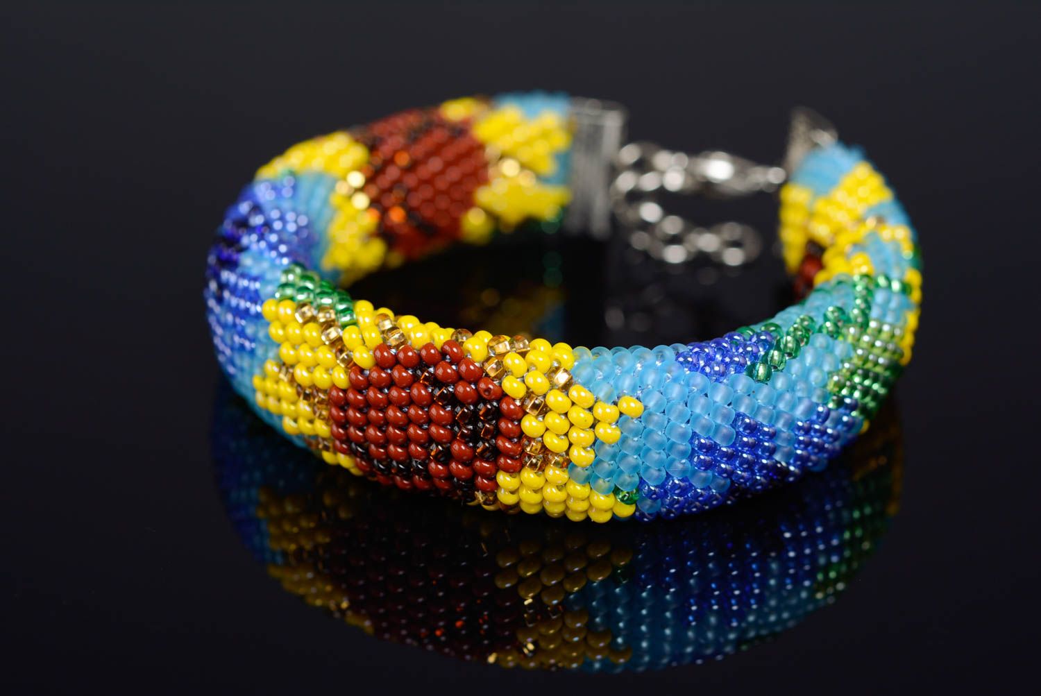 Beautiful bright blue and yellow handmade designer wide beaded cord bracelet photo 1