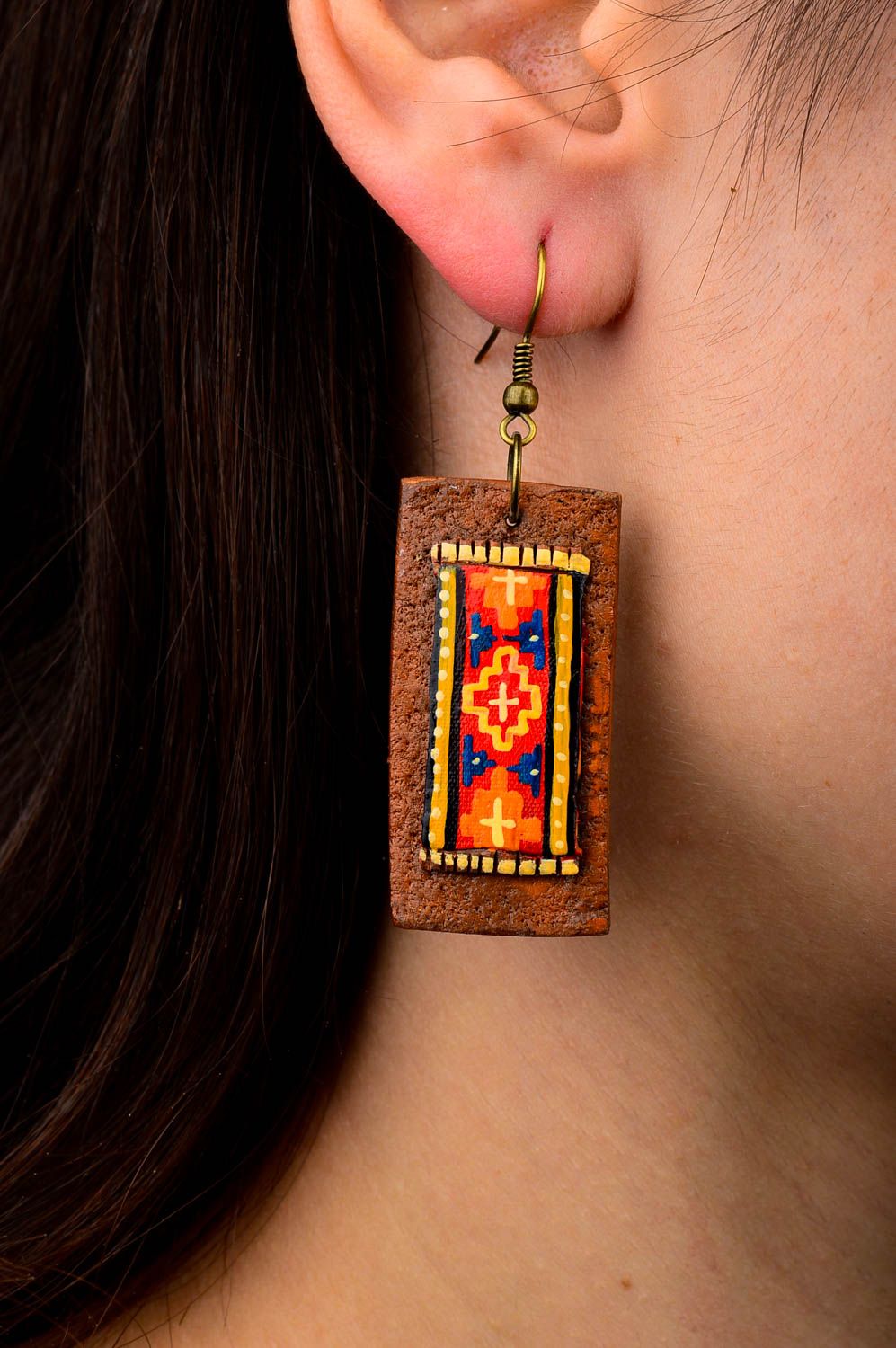 Handmade accessories handmade beautiful earrings ceramic square-shaped earrings  photo 2