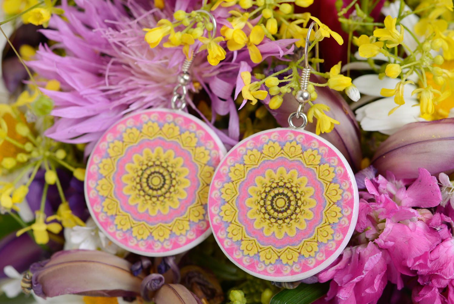 Polymer clay earrings of round shape light pink with yellow handmade jewelry photo 1