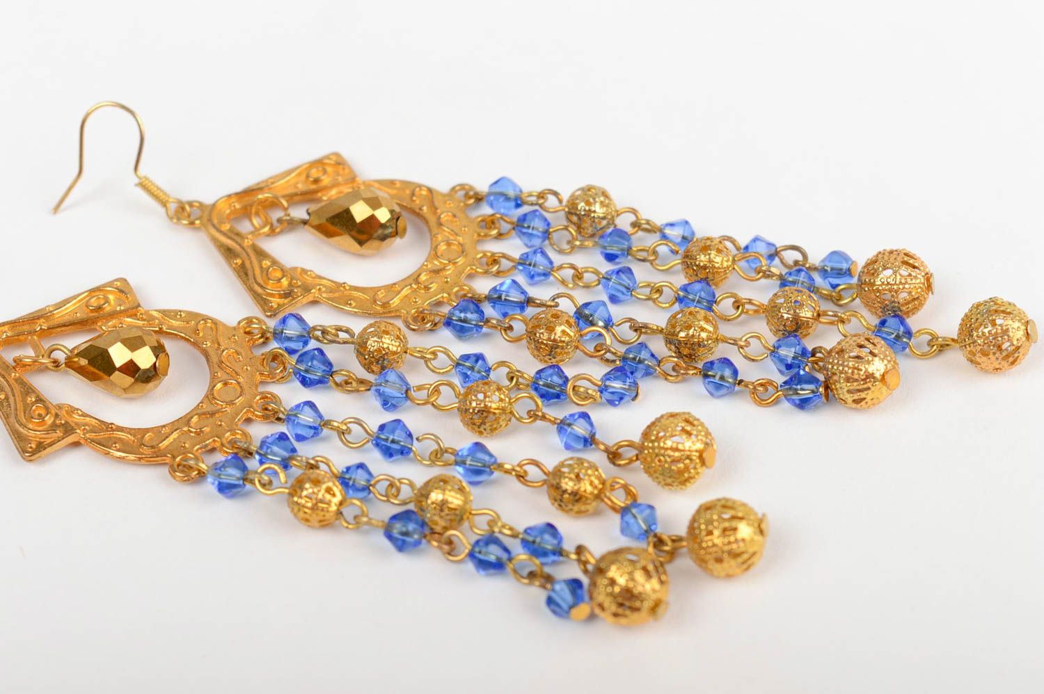 Handmade blue and golden long dangle earrings with Czech crystal in Orient style photo 5