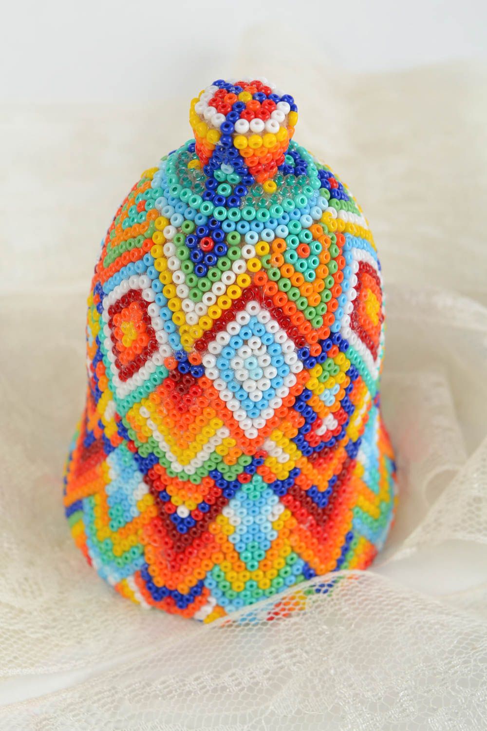 Interior bell made of wood decorated with bright beads handmade accessory photo 1