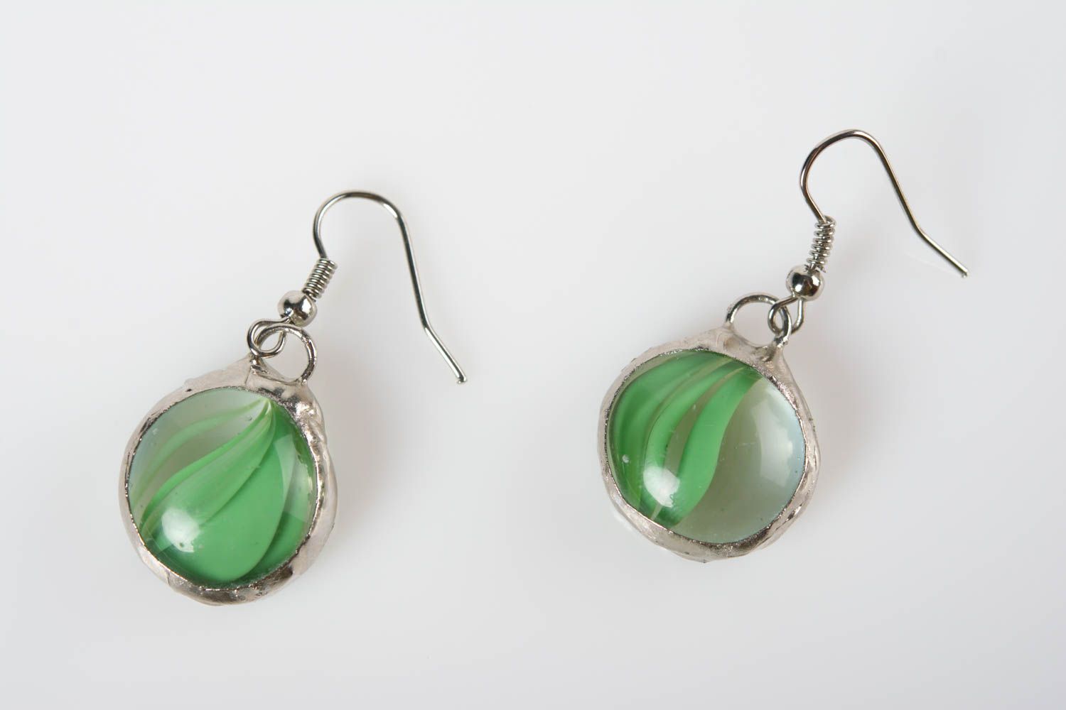 Handmade small round metal and glass dangling earrings green designer photo 3