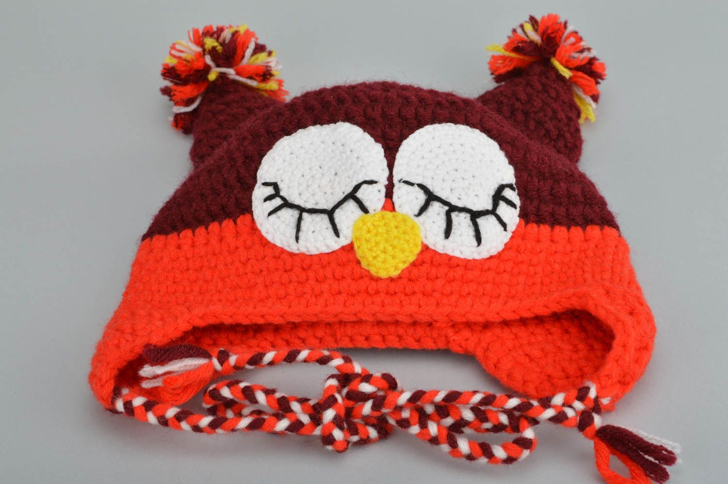 Bonnet tricoté hibou rouge fait main en coton et laine pour enfant original photo 3