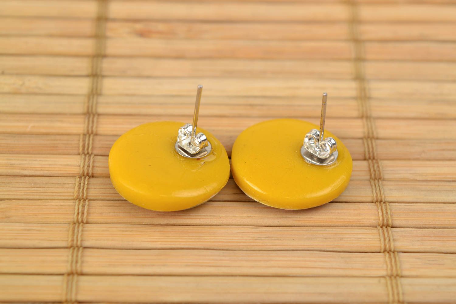 Handmade round polymer clay and epoxy resin stud earrings photo 4