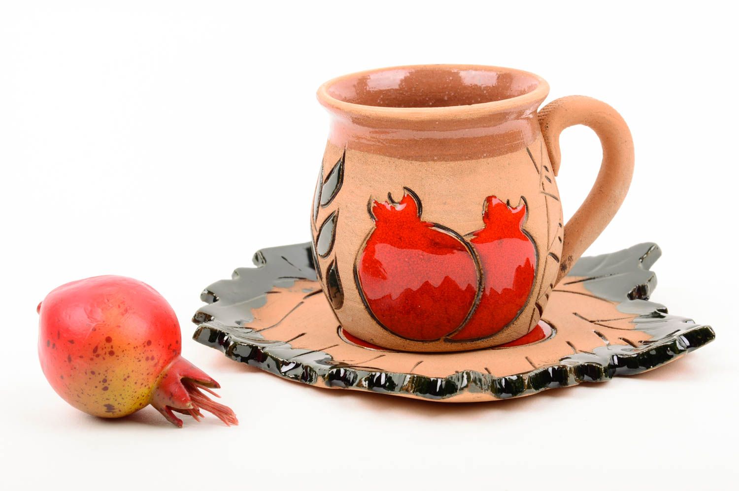 Handmade Tasse mit Unterteller schöne Kaffeetasse Ton Geschirr Granatapfel foto 1