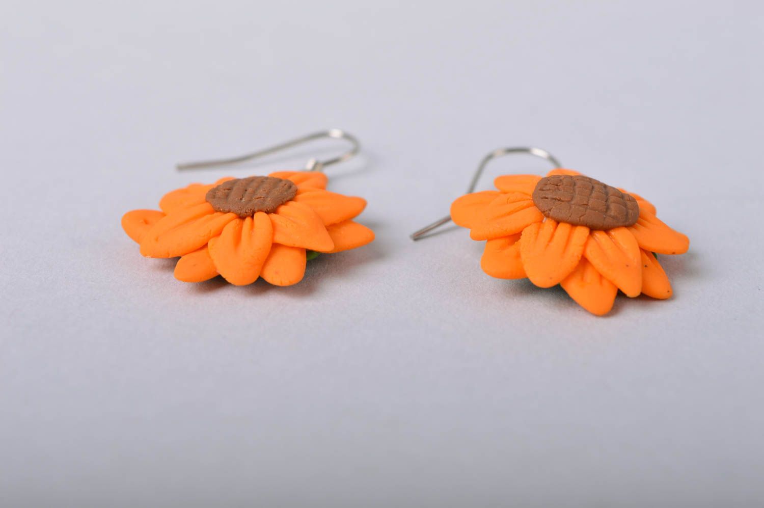 Handmade bright designer dangle earrings with orange cold porcelain flowers photo 4