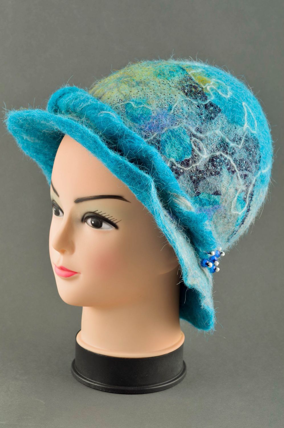 Handmade Filz Hut Accessoire für Frauen schöner Damen Hut in Blau mit Glasperlen foto 1