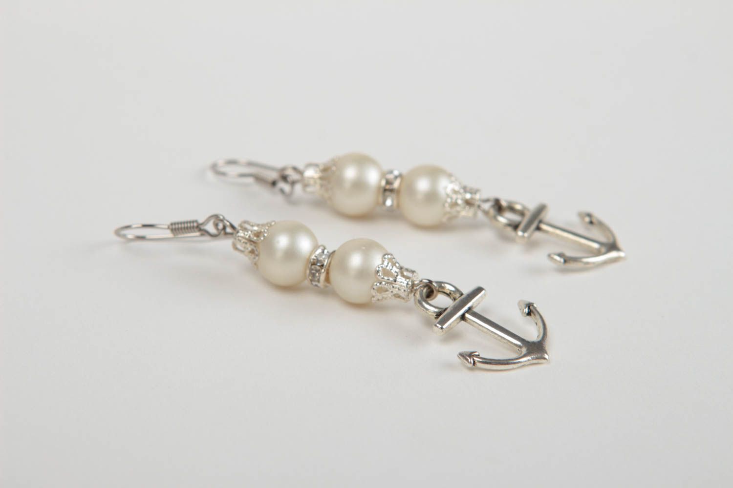 Handcrafted metal earrings with pearl beads designer jewelry gifts for her photo 3
