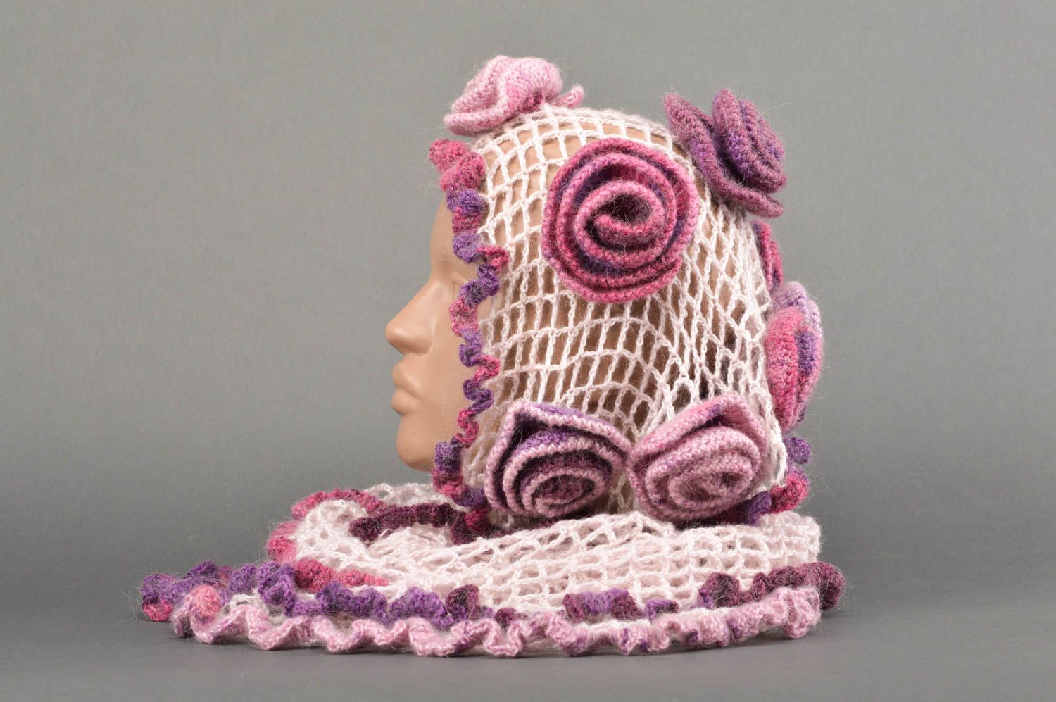 Ажурный шарф ручной работы шерстяной шарф с цветами женский шарф розовый фото 3