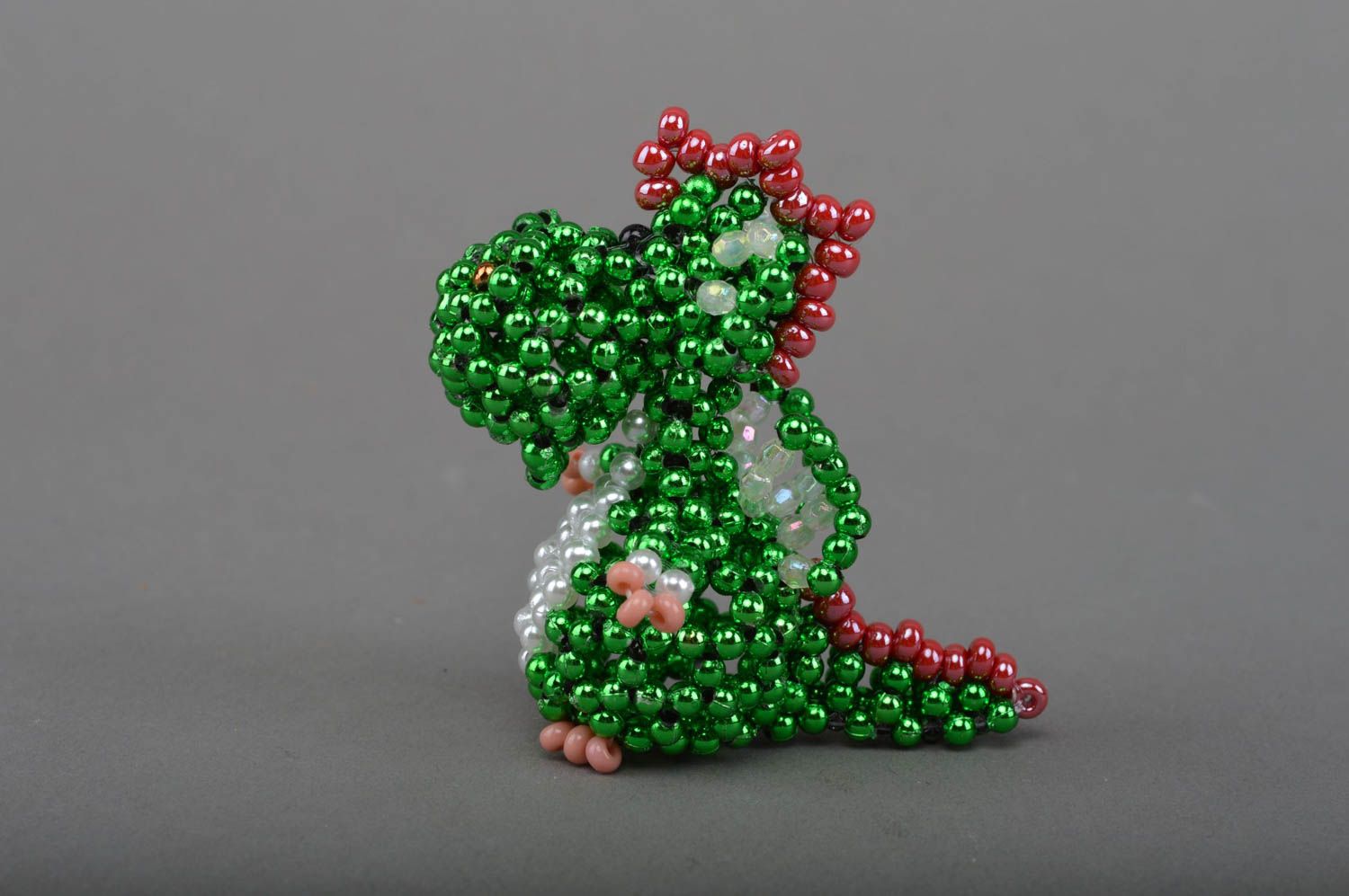 Handmade designer miniature bead woven figurine of green dragon for table decor photo 2