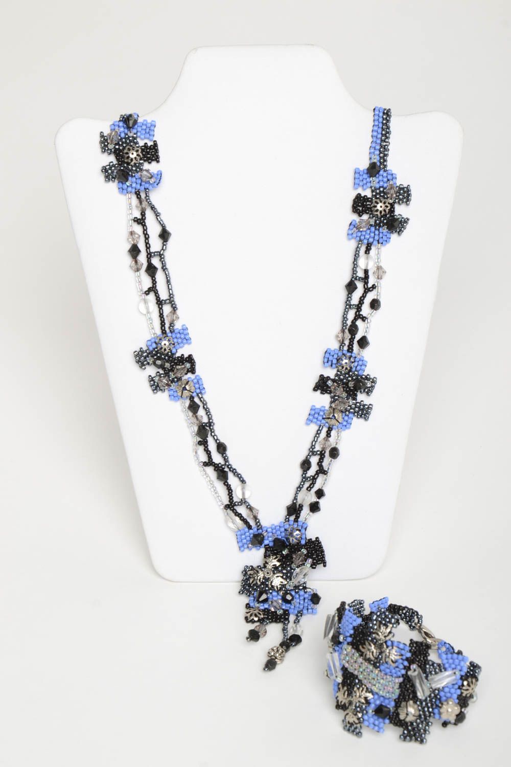 Bijoux fait main Collier femme Bracelet fantaisie perles de rocaille bleu noir photo 1