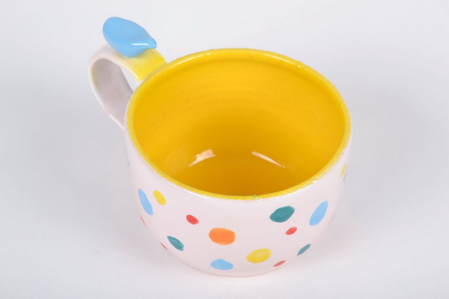 8 oz drinking ceramic glazed cup with handle and dotted multicolor pattern photo 2