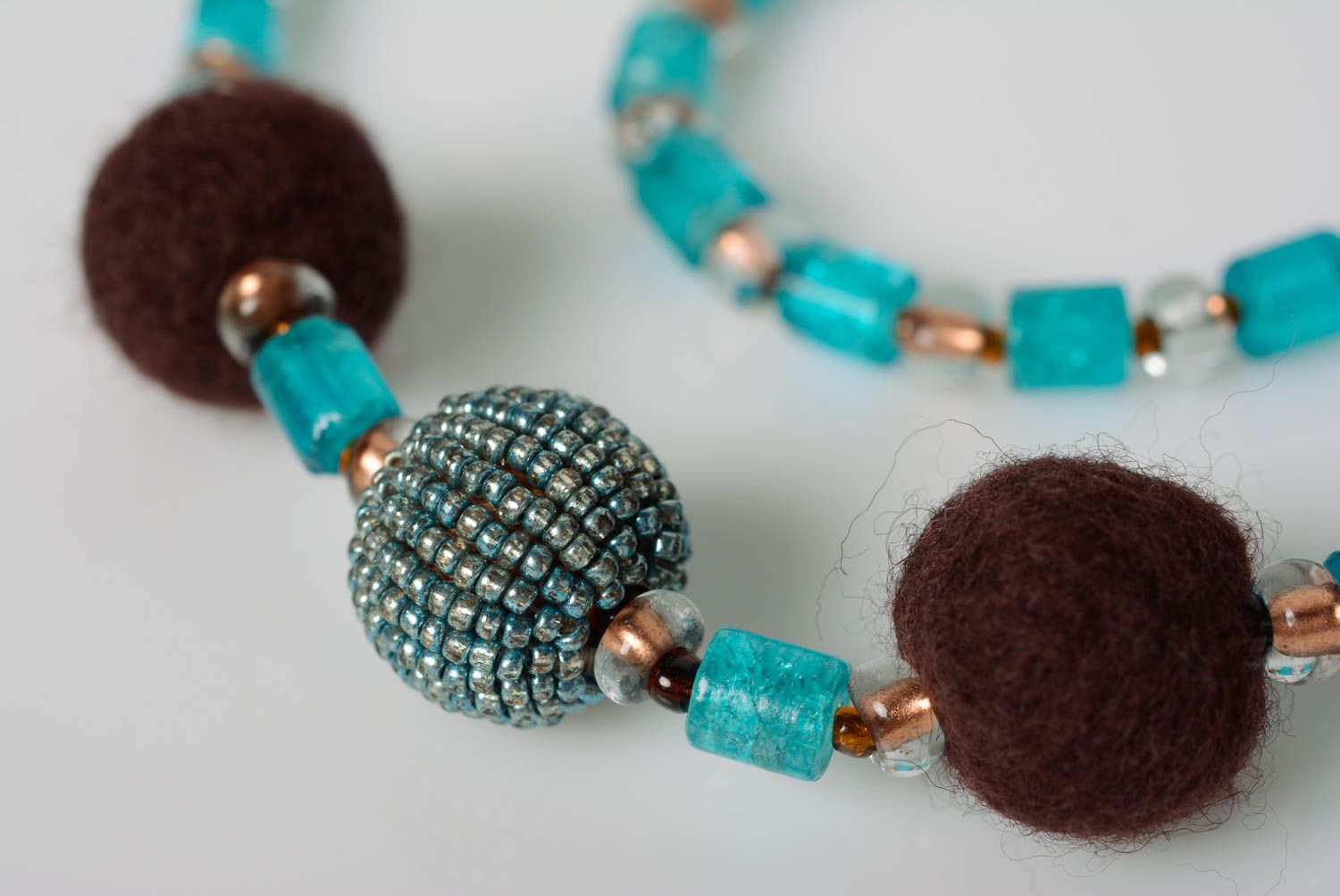 Handmade designer necklace with brown and blue balls felted of wool and seed beads photo 3