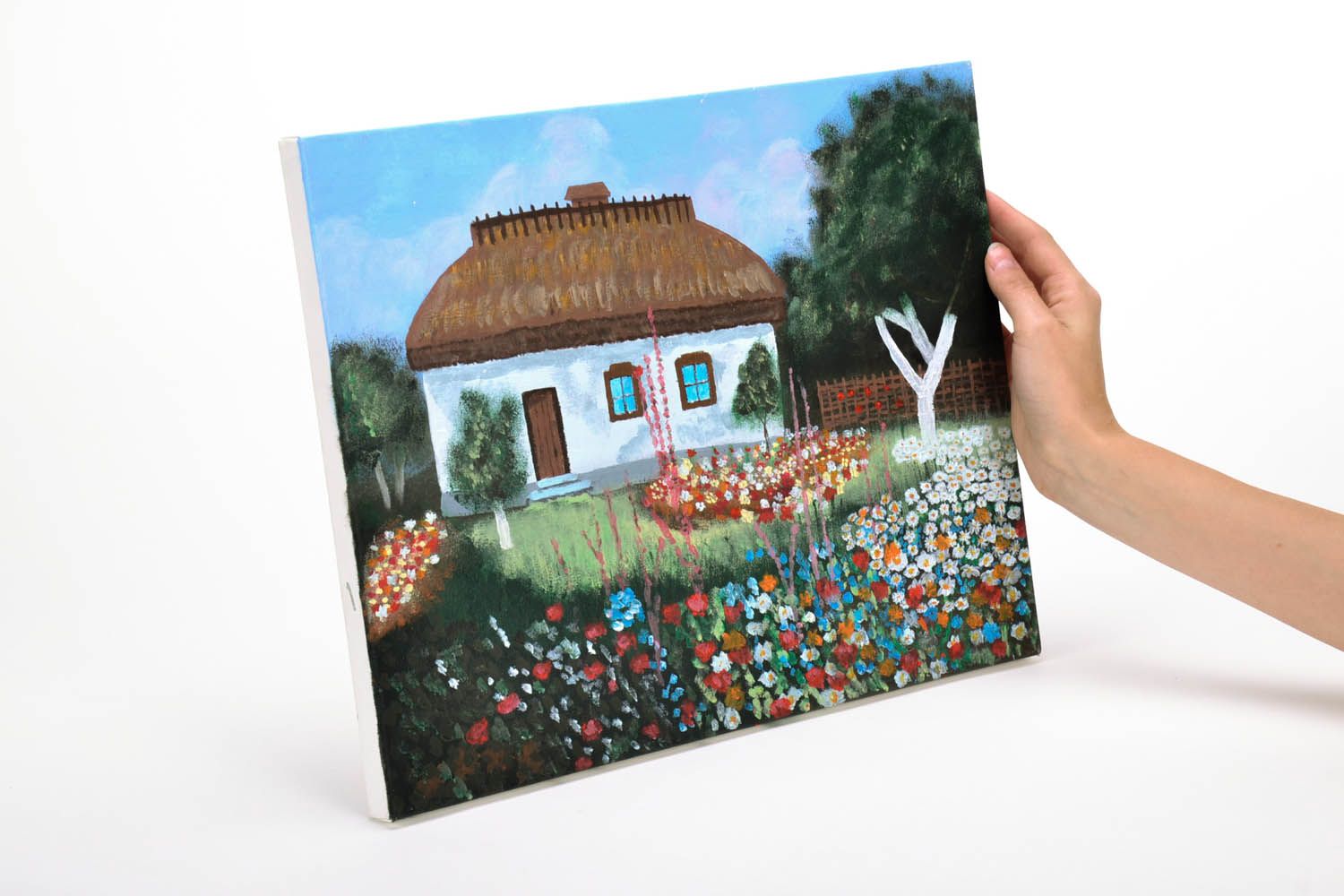 Cuadro pintado con acrílicos Casa con jardín foto 5