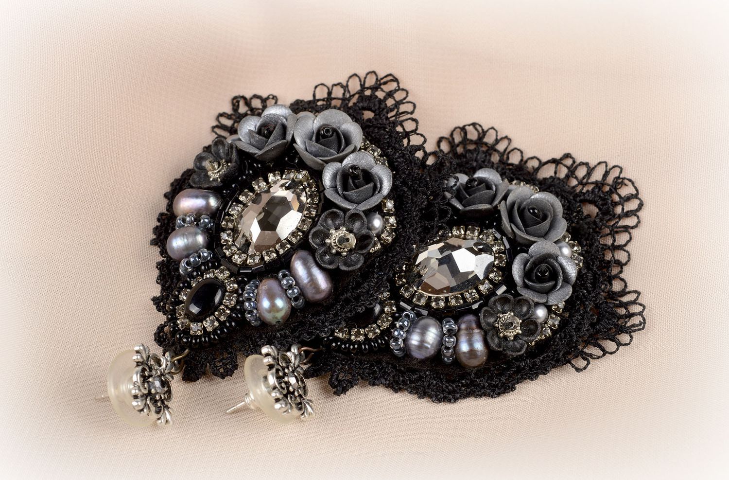 Handmade black earrings evening earrings with glass beads stylish accessory photo 5