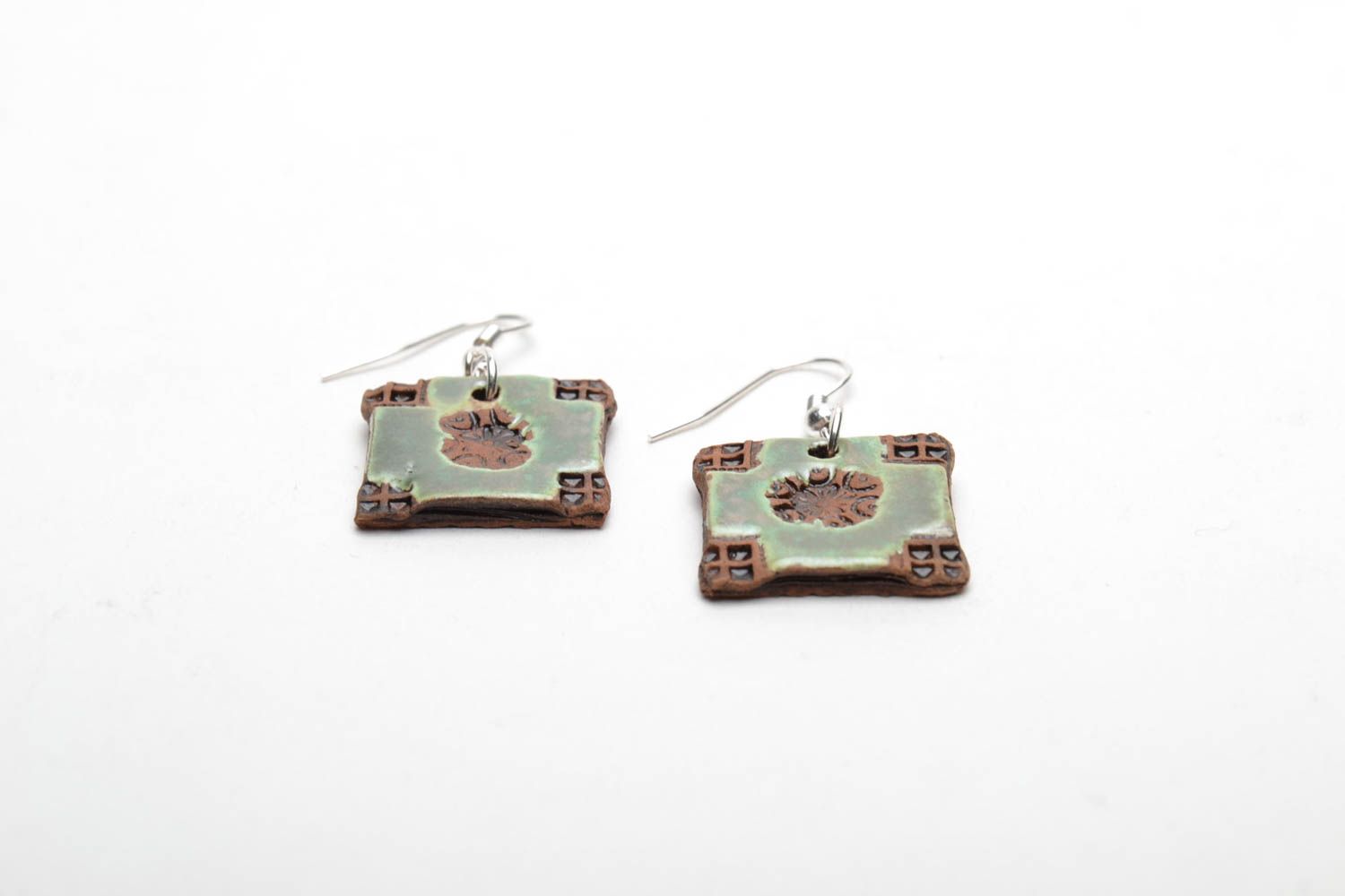 Square ceramic earrings in ethnic style photo 4