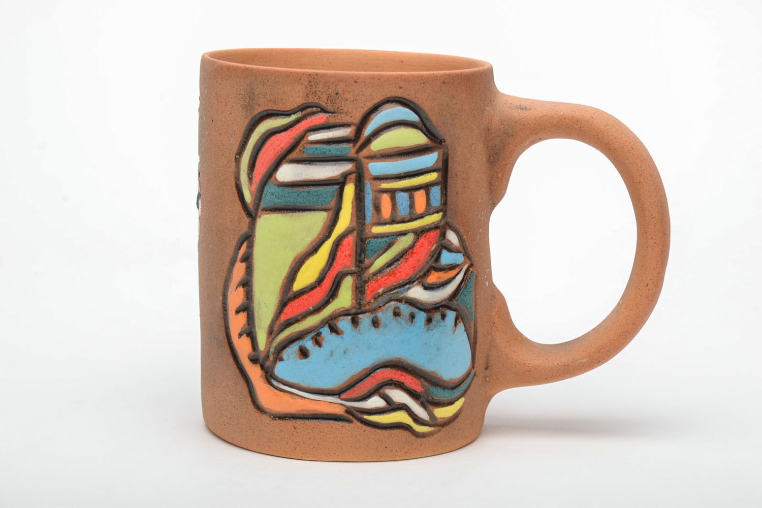 Clay ceramic art style coffee mug with a bright pattern photo 2