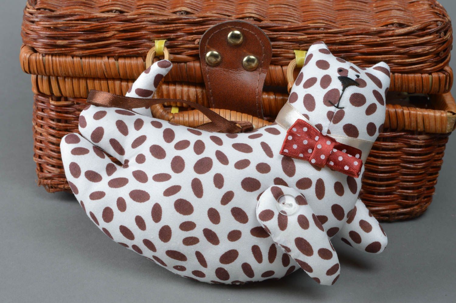 Handmade cotton fabric soft toy flying white and brown dotted cat with bow tie photo 1