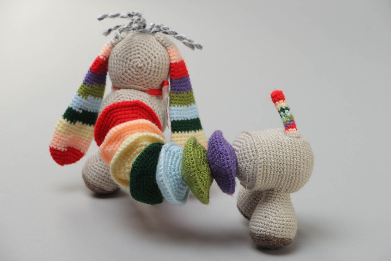 Handmade funny crochet soft toy with spring inside in the shape of colorful dog photo 4