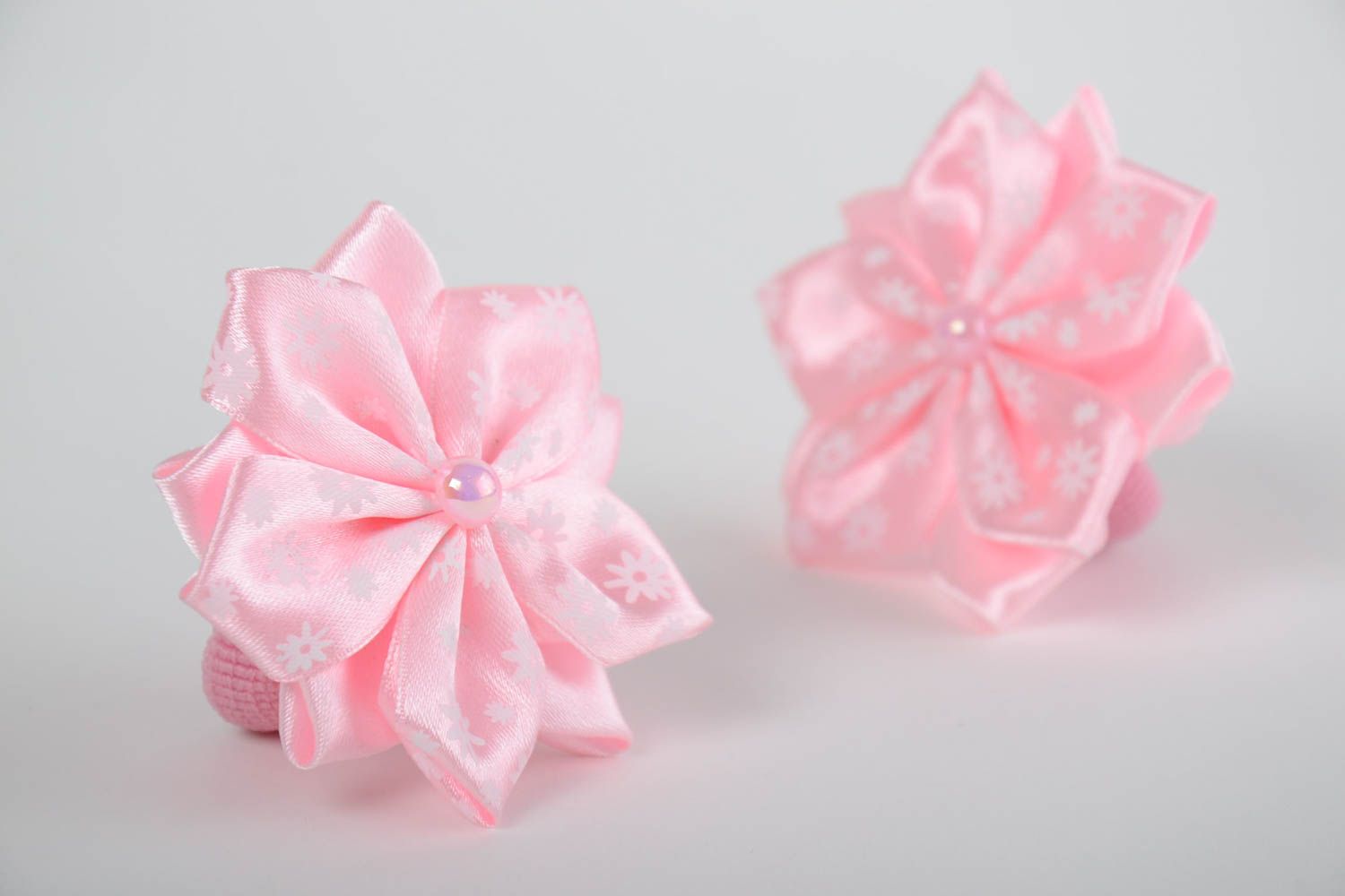 Set of handmade designer pink satin ribbon flower hair ties 2 pieces kanzashi photo 5
