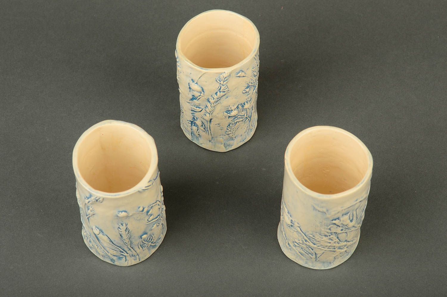 Three decorative ceramic tall white and blue coffee cups with field flowers pattern photo 3