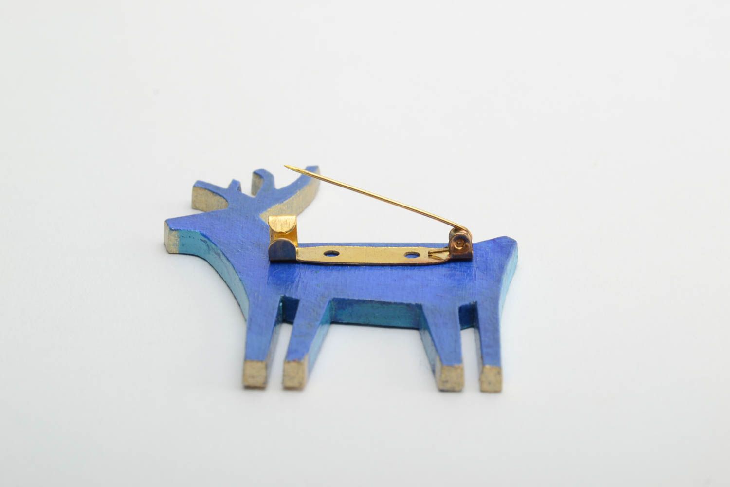 Blue brooch made of plywood deer handmade painted with acrylics accessory photo 3