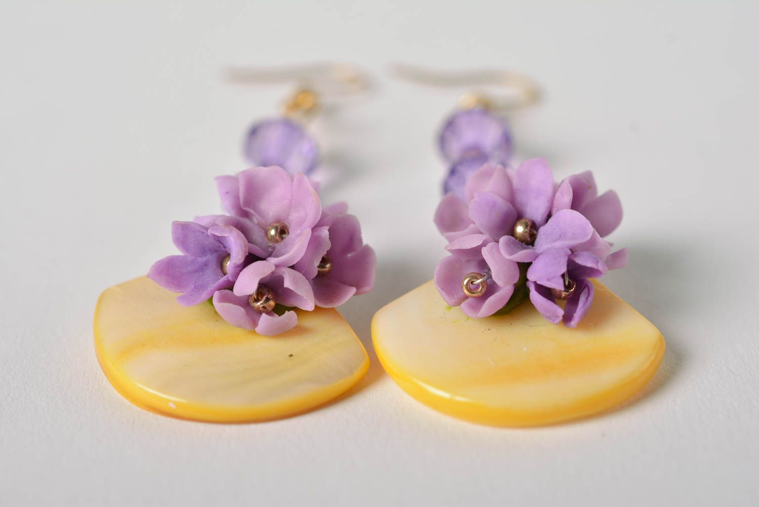 Beautiful homemade designer lilac long polymer clay flower earrings photo 3