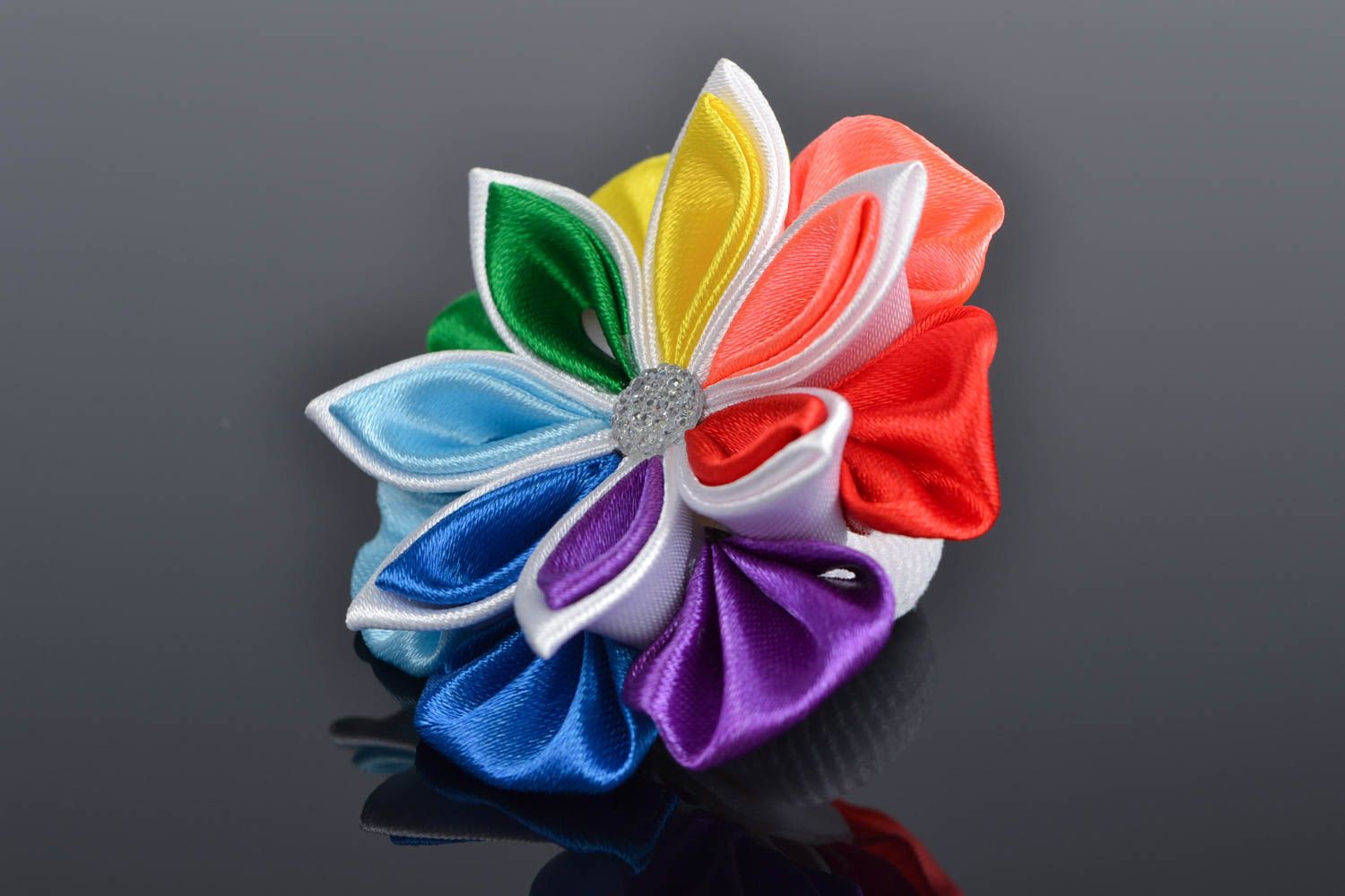 Élastique à cheveux fleur multicolore rubans de satin kanzashi fait main photo 1