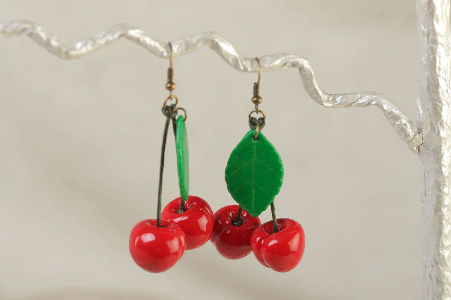 Handmade women's summer polymer clay long earrings in the shape of cherries photo 1