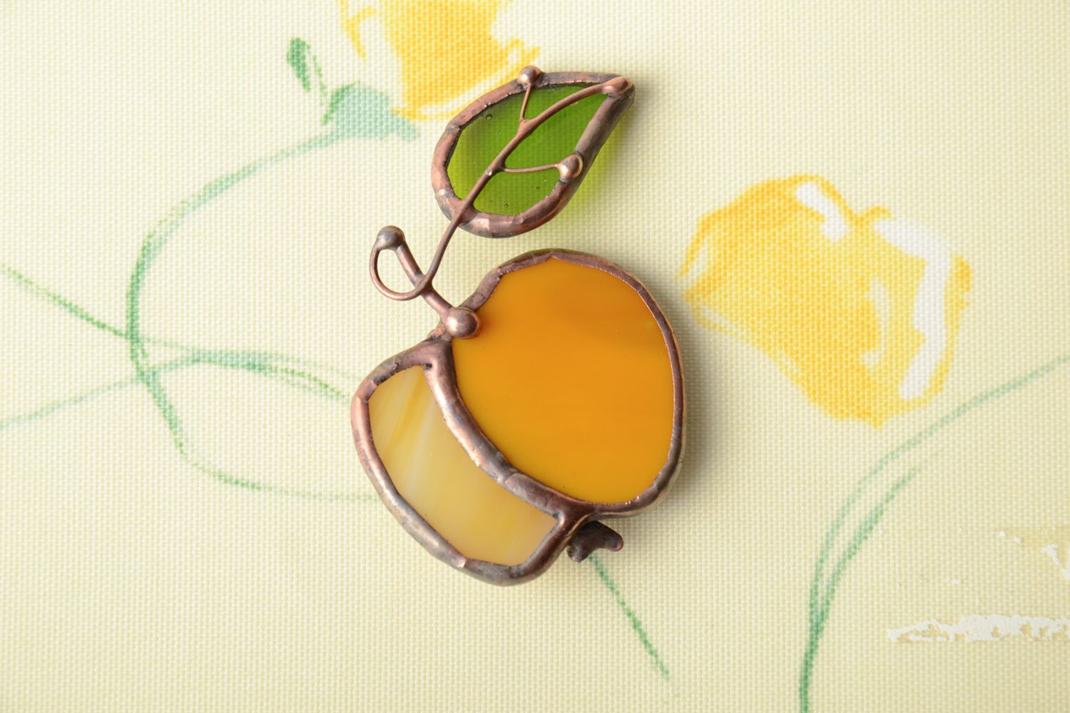 Stained glass brooch in the shape of yellow apple photo 1