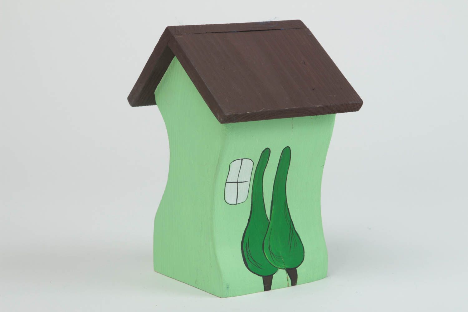Фигурка из дерева домик зеленый с коричневой крышей небольшой ручной работы фото 3