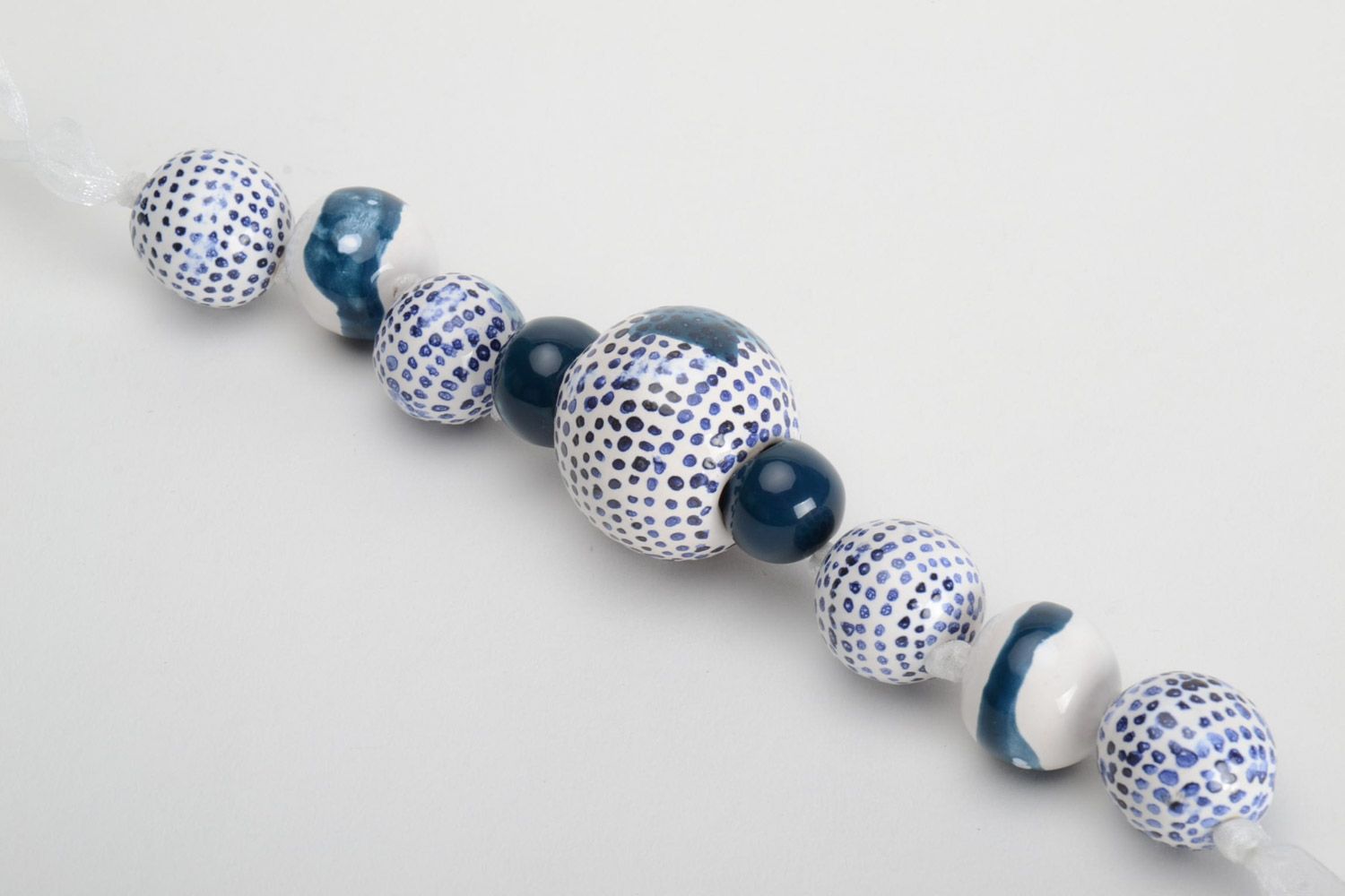 Handmade ceramic bead necklace painted with enamels on white ribbon for women photo 4