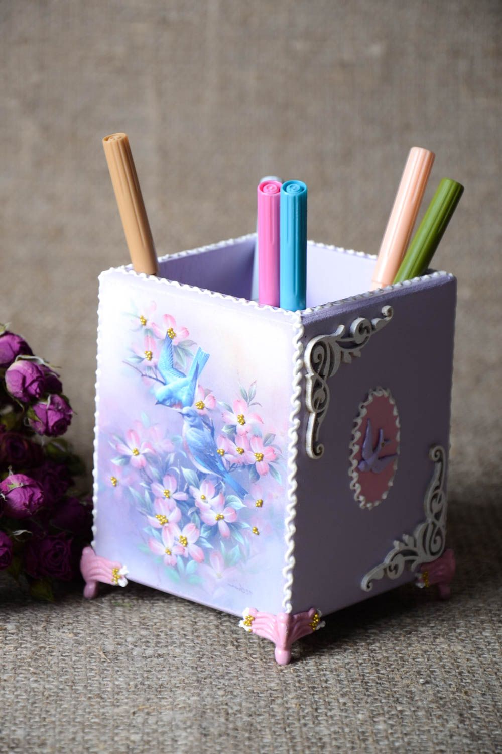Handmade wooden organizer decoupage interior element cute stand for pens photo 1
