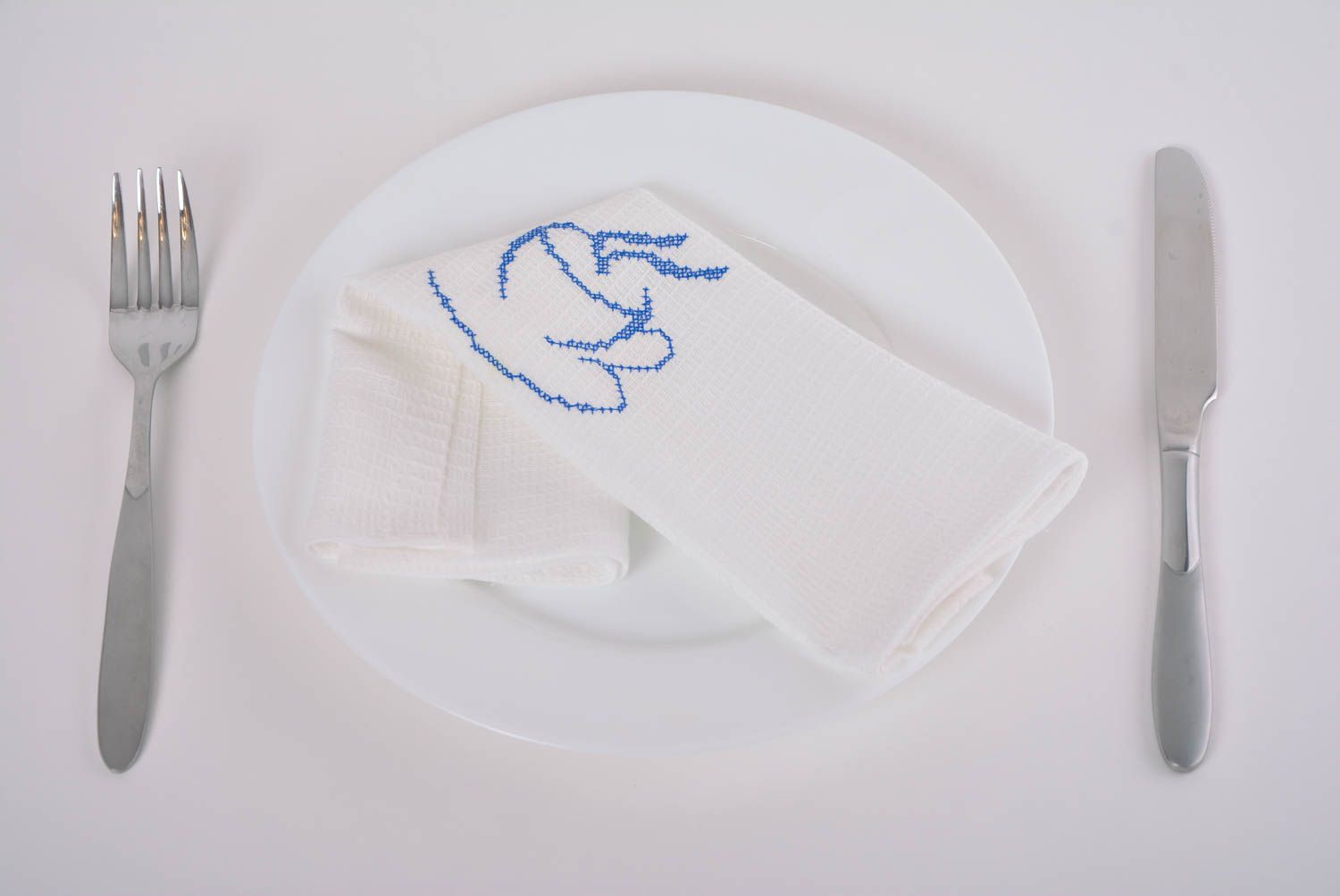 Handmade decorative white natural cotton dinner napkin with blue embroidery photo 1