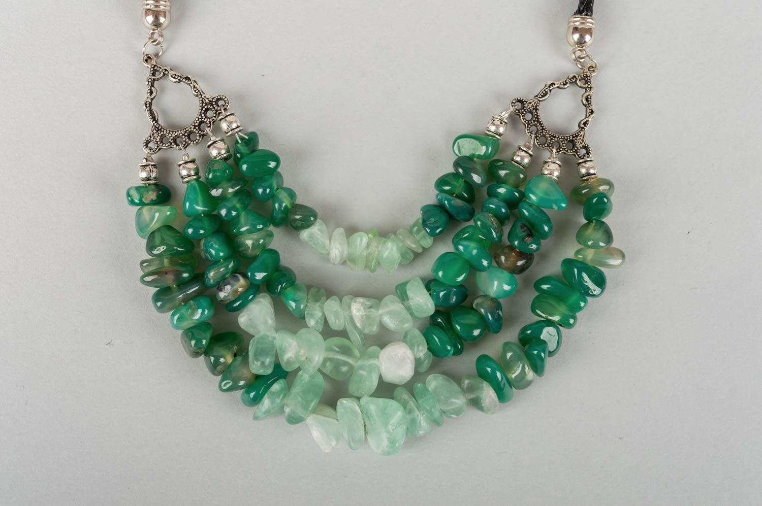 Handmade massive multi row necklace with latten elements and green agate beads photo 3