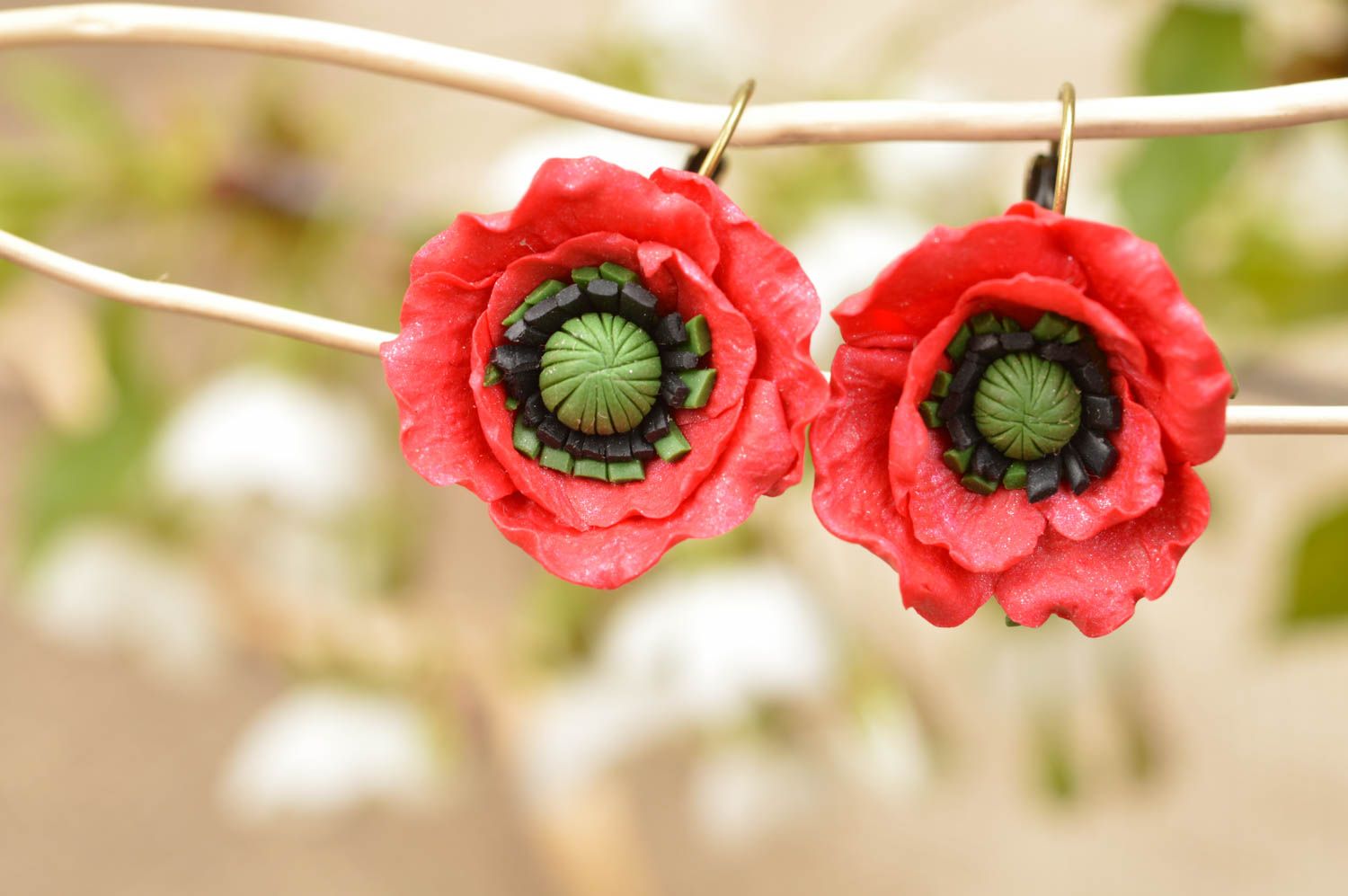 Handmade designer dangle earrings with polymer clay volume flowers red poppies photo 1