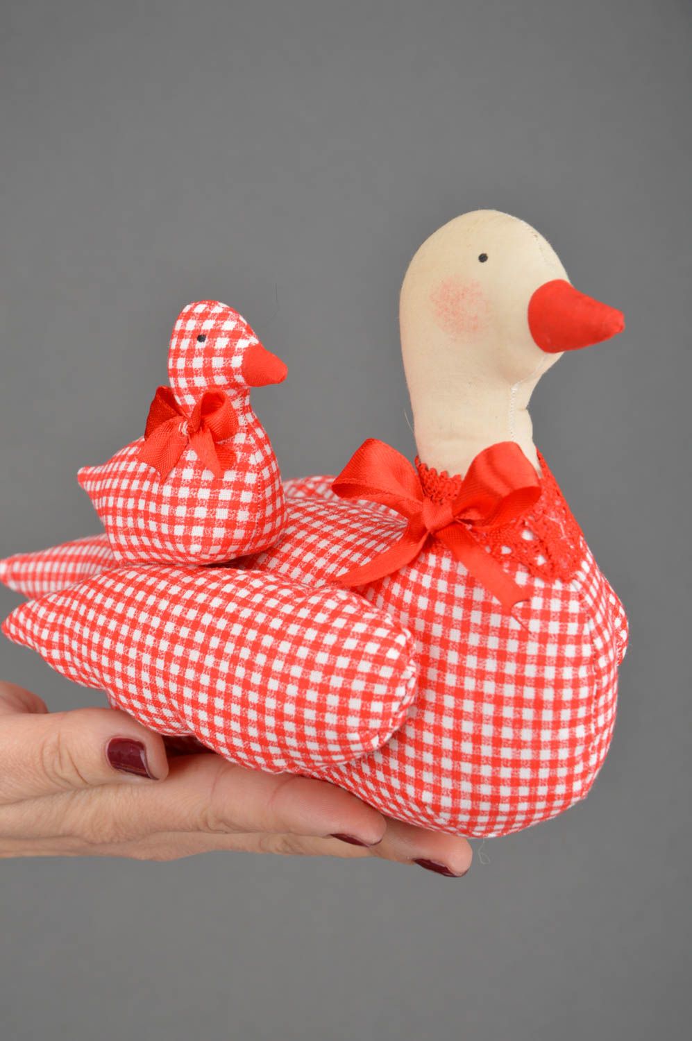 Beautiful homemade designer fabric soft toys duck and duckling bathroom decor photo 3
