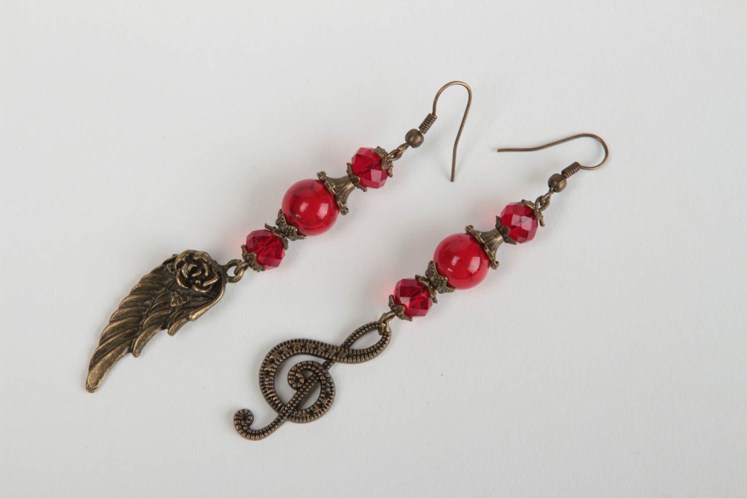 Handmade metal earrings accessory with red beads unusual stylish jewelry photo 2
