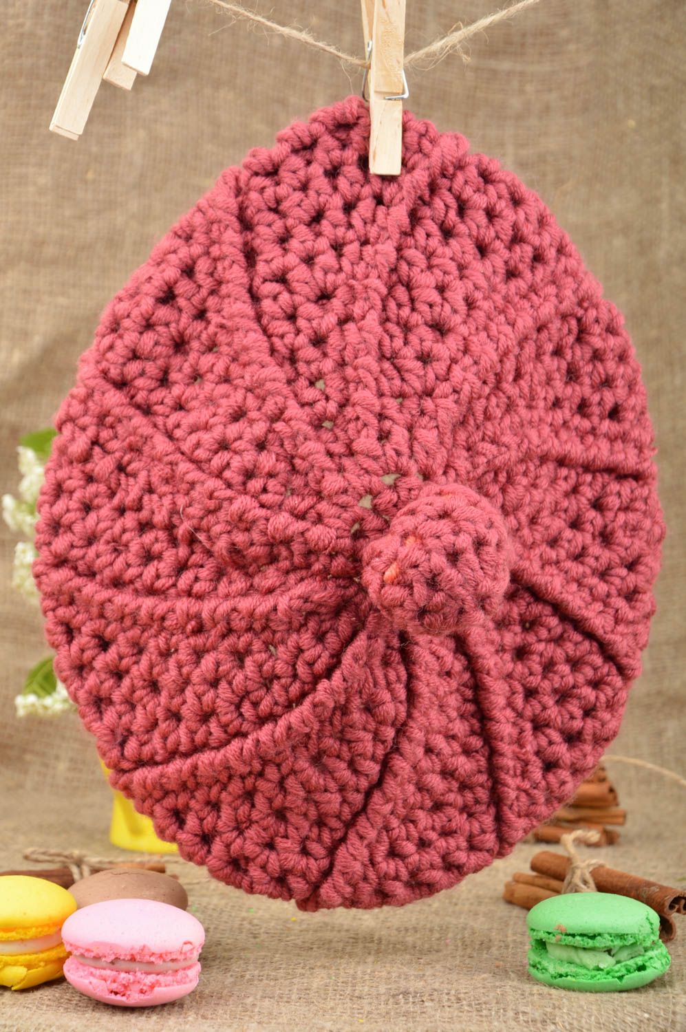Crocheted handmade beautiful cherry color beret with pompom for children photo 1