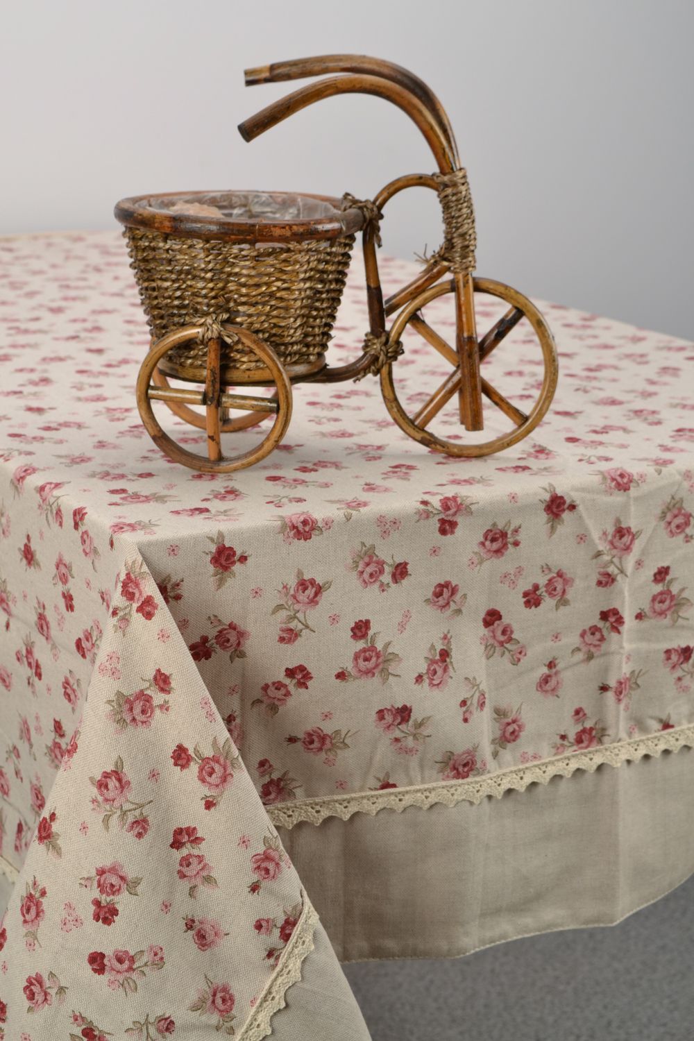 Handmade tablecloth sewn of cotton and polyamide fabric with lace photo 3