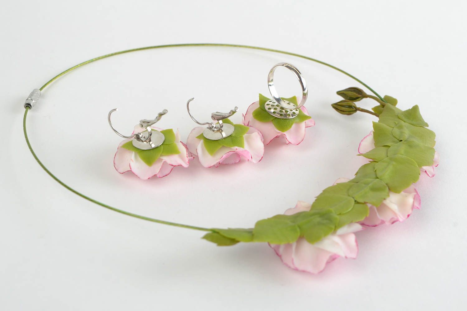 Cold porcelain flower jewelry set 3 pieces handmade earrings necklace and ring photo 5