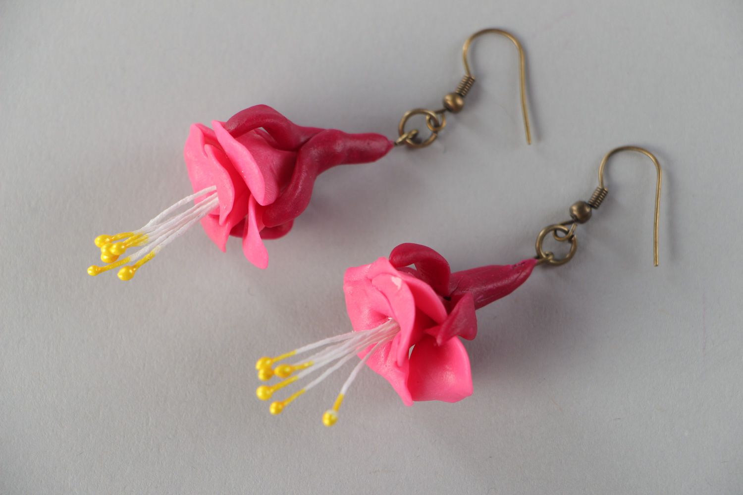 Bright pink handmade floral dangle earrings molded of polymer clay for women photo 3