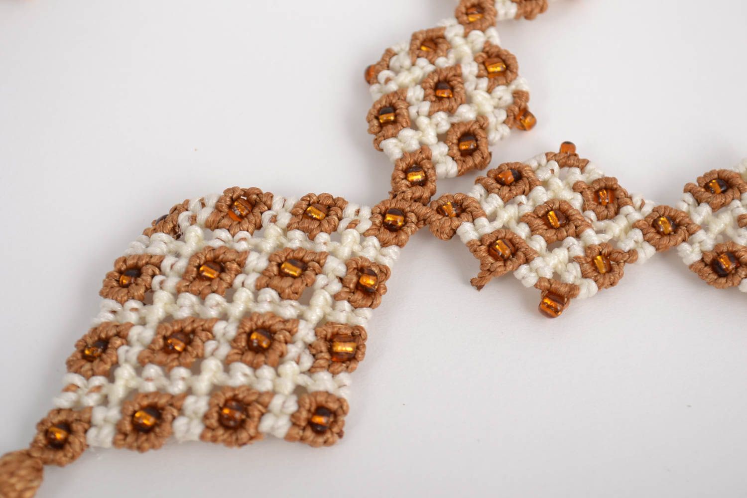 Set of handmade macrame woven thread jewelry wrist bracelet and long necklace photo 3