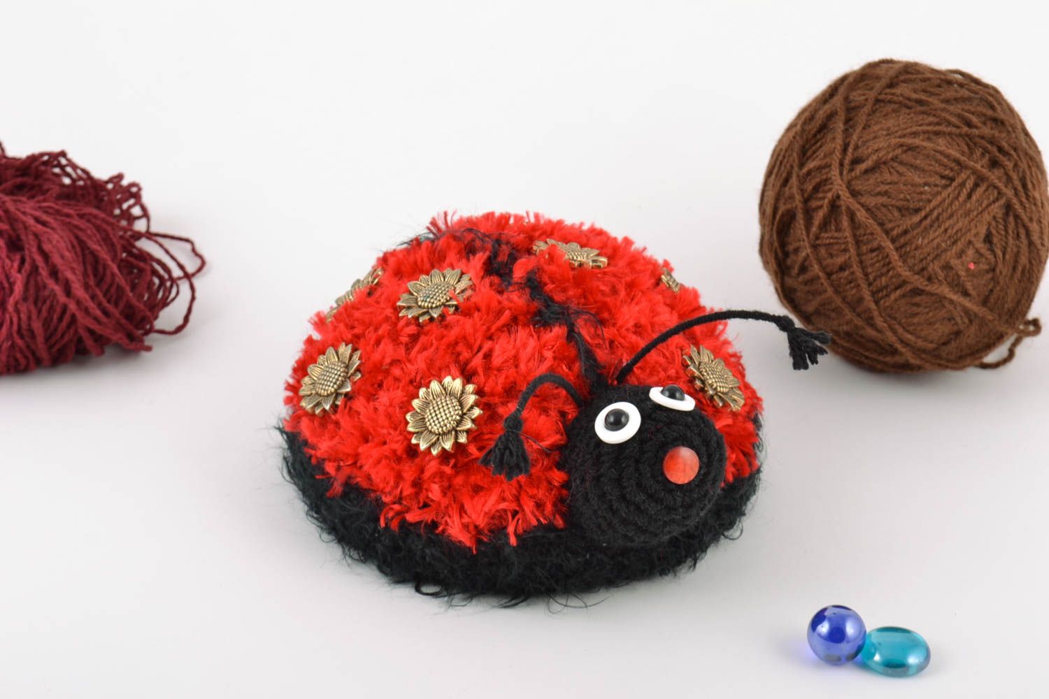 Handmade soft amigurumi toy crocheted of woolen threads Red Ladybug photo 1