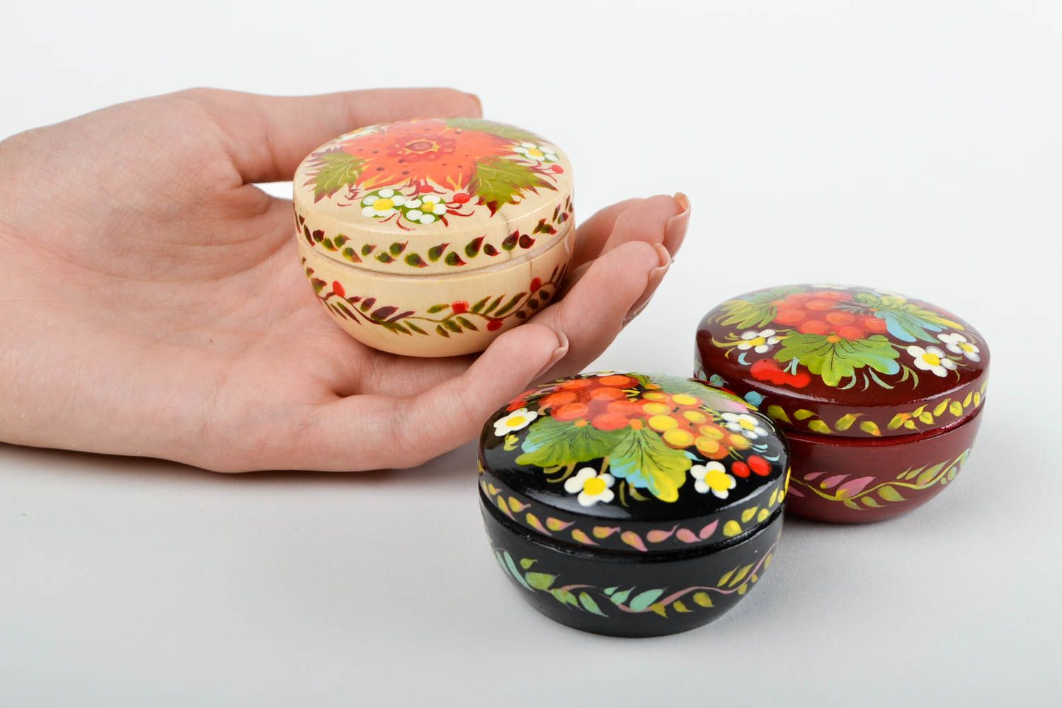 Boîtes bijoux Boîtes décoratives fait main bois rondes design Cadeau femme 3 pcs photo 2