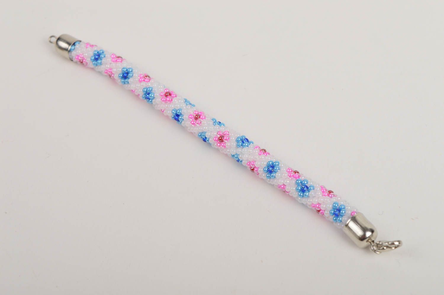 Handmade beaded bracelet cord with blue and pink flowers for girls photo 2