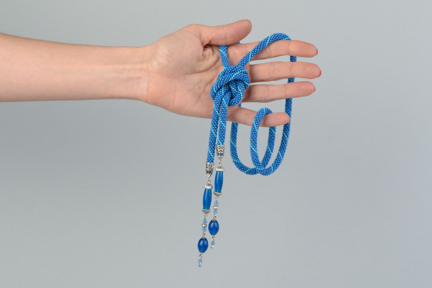 Handmade lariat blue beaded necklace made of Czech glass photo 2