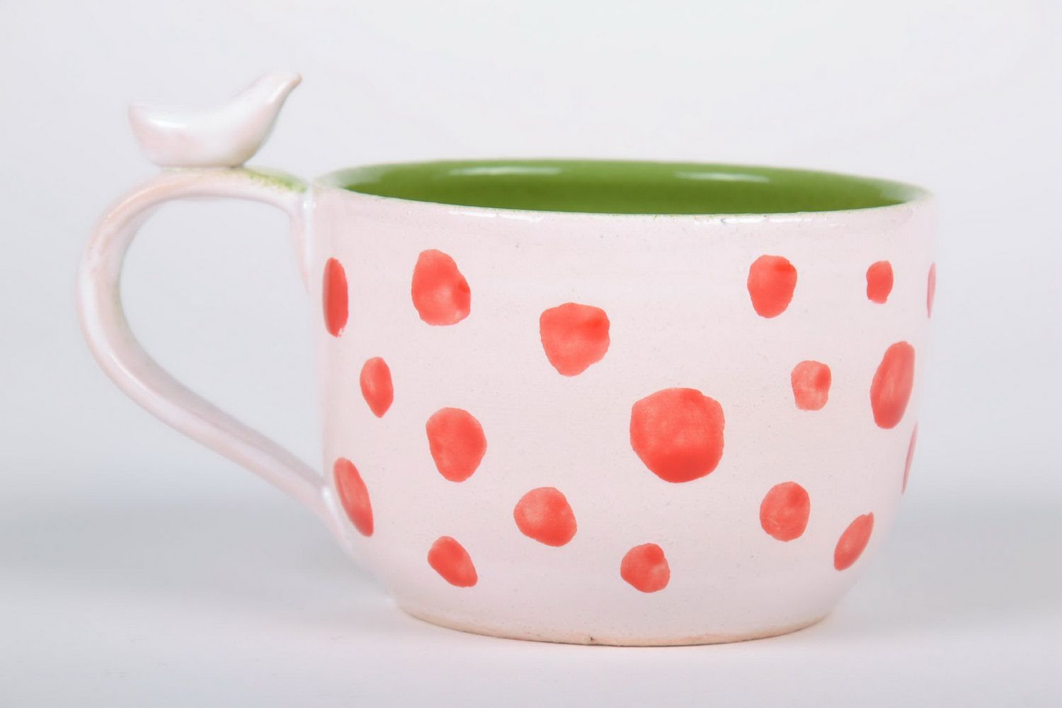 10 oz large porcelain white and lime colors drinking teacup with orange dots' pattern photo 3
